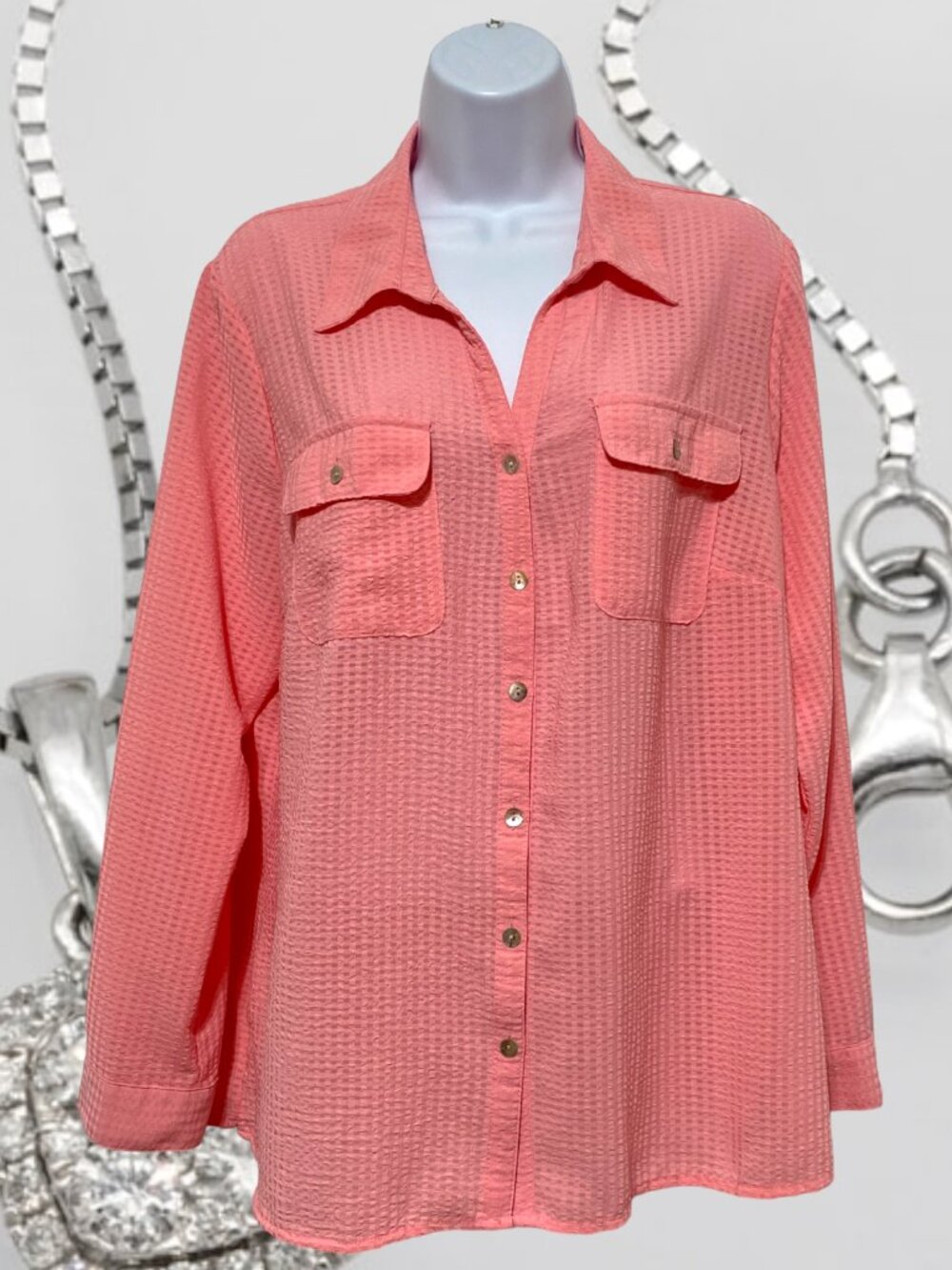 Notations-Women's 1X-Plus Size Button Top Long Sleeve Light Weight Collared